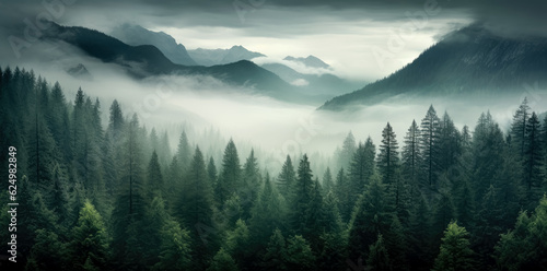 Dark Misty green forest, with mountains covered in fog in the background. © Saulo Collado