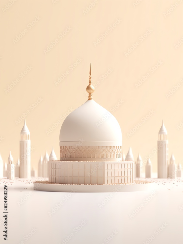 Obraz premium 3D islamic mosque illustration for banner social media, gold, minimalist, eid fitr, eid adha, ramdhan kareem, muharam, islamic new year