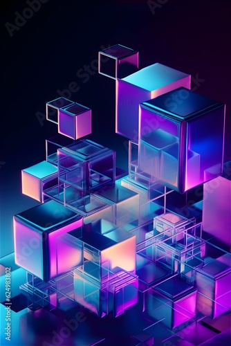Wallpaper of a group of cubes in neon colors. Black background. Generative AI 