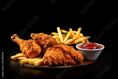 Fast food fried crispy chicken and french fries potatoes with ketchup sauce isolated on dark background