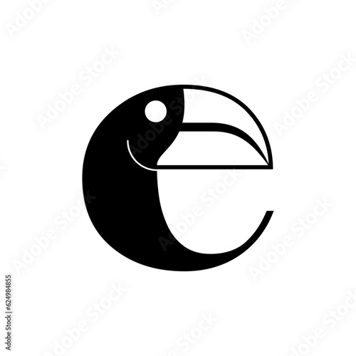 Initial letter e logo template with geometric tropical toucan bird illustration in flat design monogram symbol