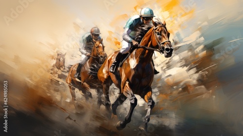 Horse racing. A stallion gallops with a rider on horseback.