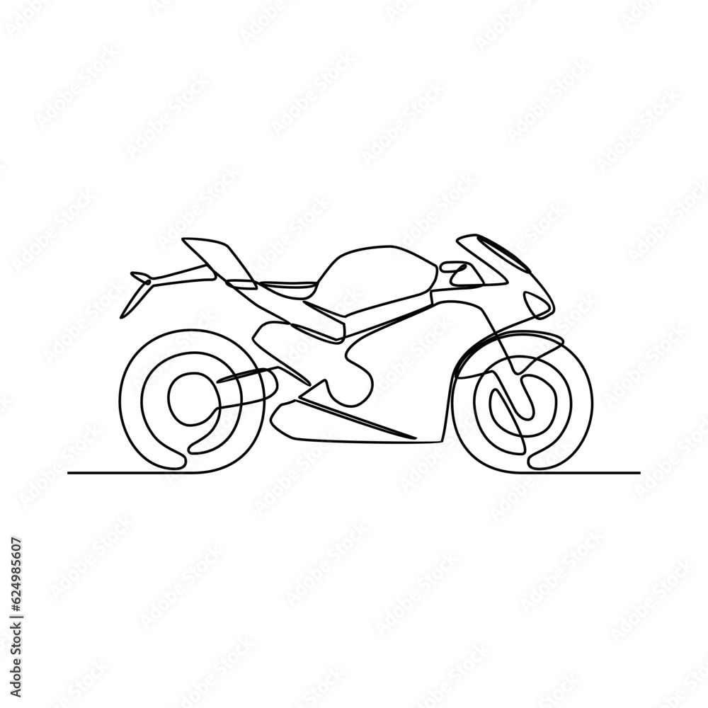 One continuous line drawing of motorcycle as land vehicle with white background. Land transportation design in simple linear style. Non coloring vehicle design concept vector illustration One continuous line drawing of motorcycle as land vehicle with white background. Land transportation design in simple linear style. Non coloring vehicle design concept vector illustration