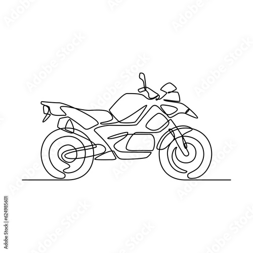One continuous line drawing of motorcycle as land vehicle with white background. Land transportation design in simple linear style. Non coloring vehicle design concept vector illustration