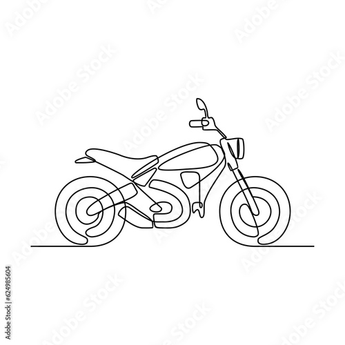 One continuous line drawing of motorcycle as land vehicle with white background. Land transportation design in simple linear style. Non coloring vehicle design concept vector illustration