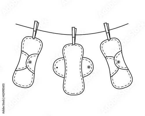 Reusable cloth menstrual eco pads on a rope. Doodle hand drawn vector Illustration. Zero waste. Female hygiene products.