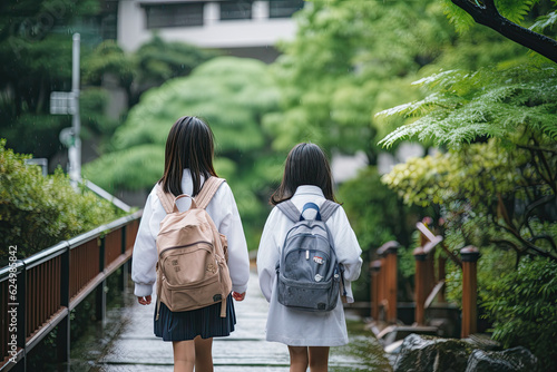 Two Asian schoolgirls with backpacks going to school, back view