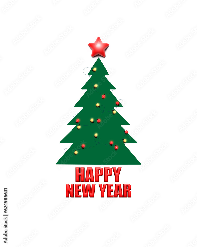 2024 new year 3D postcard with 3D christmas decorations and stars design concept. Happy new year 2024 celebration template