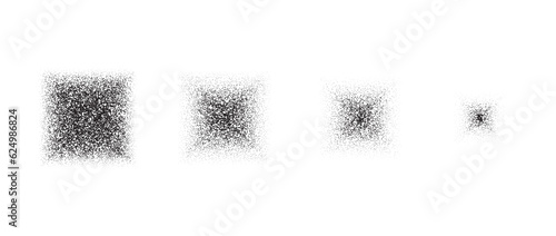 Vanishing stippled square texture set. Black disappearing dotted gritty rectangle element collection. Fading noise grain dot work shapes. Half tones and shadows affect illustration bundle. Vector pack