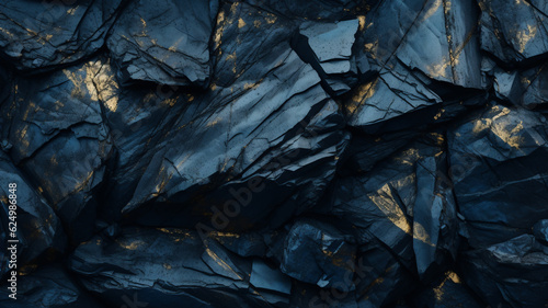 Blue Black rock texture. Dark gray stone granite background for design. Cracked rough mountain surface. Close-up. Crushed broken.