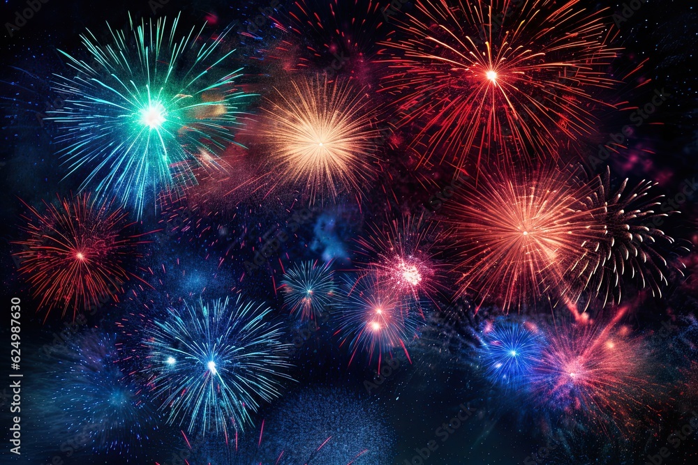 Fototapeta premium five multicolored fireworks on a black background