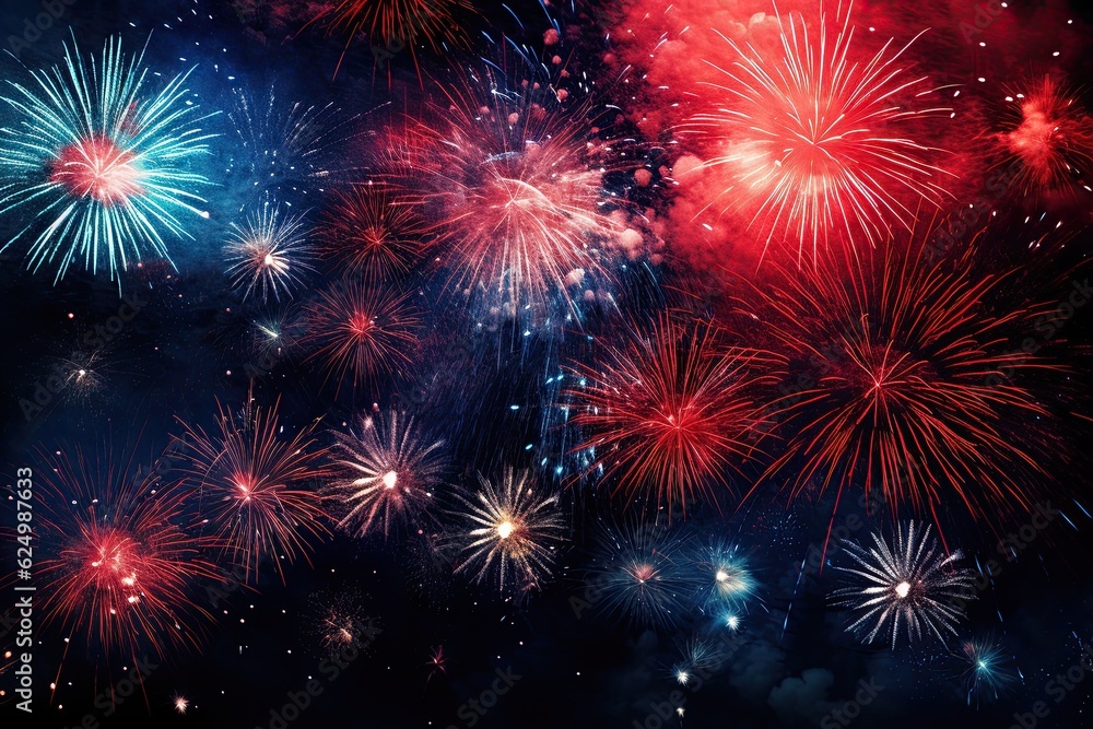 Fototapeta premium five multicolored fireworks on a black background