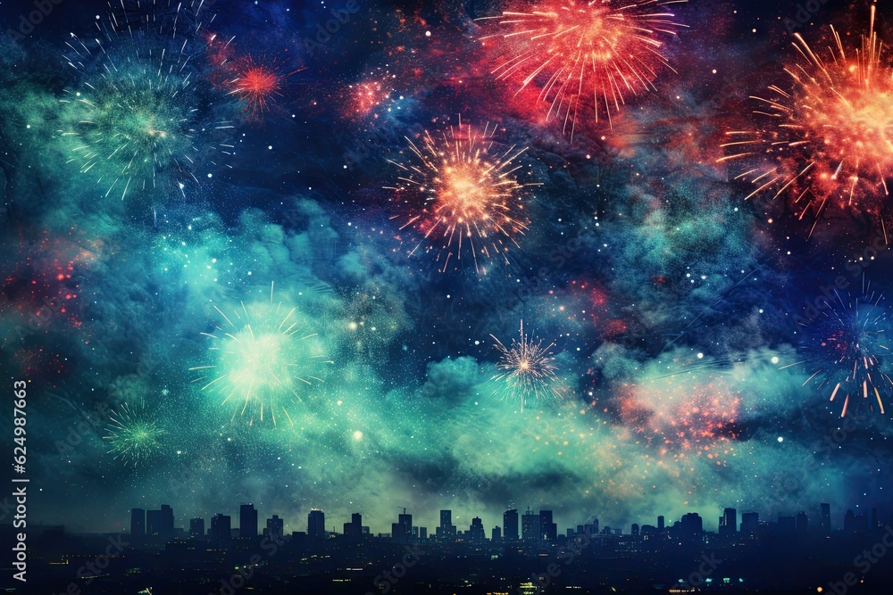 Fototapeta premium five multicolored fireworks on a black background