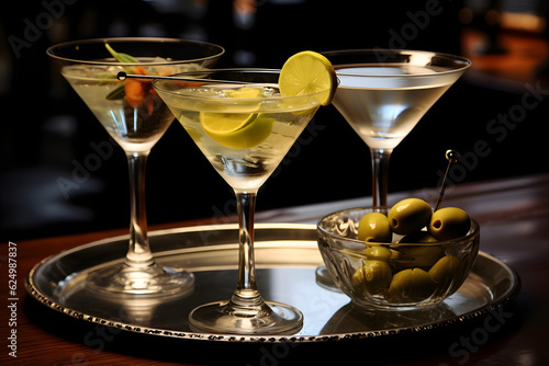 Closeup image of Dry Martini with olives on counter bar, alcoholic beverages, alcoholic drink, elegant drink