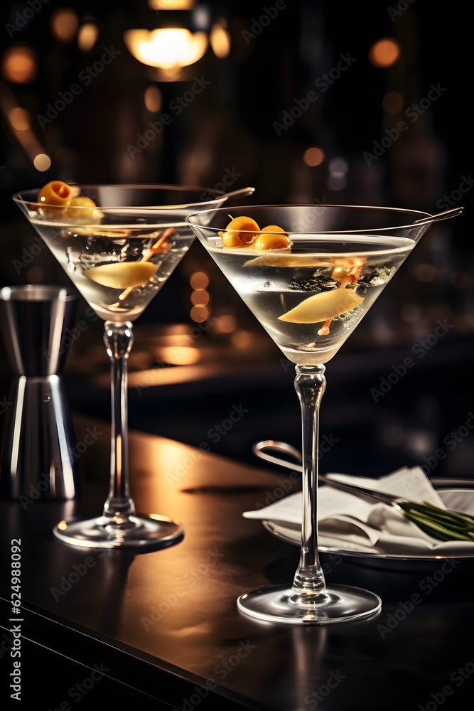 Closeup image of Dry Martini with olives on counter bar, alcoholic beverages, alcoholic drink, elegant drink