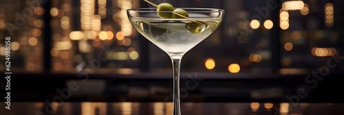 Closeup image of Dry Martini with olives on counter bar, alcoholic beverages, alcoholic drink, elegant drink