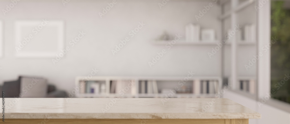 Copy space on an empty marble tabletop with a blurred, minimalist white living room as a background. Copy space on an empty marble tabletop with a blurred, minimalist white living room as a background.