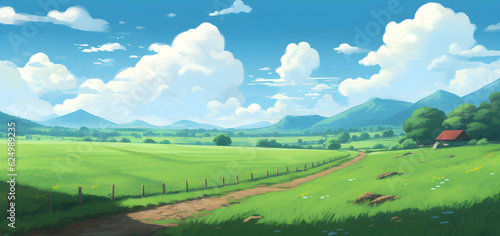 Green Field  Day sky clouds Anime Background