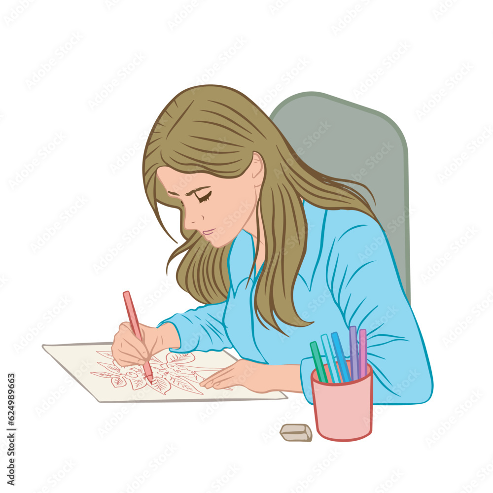 Young blonde woman sitting at the table drawing on a sheet of paper ...