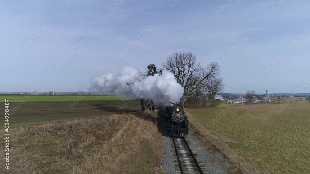 Drone View of an Approaching Antique Steam Passenger Train Headed Straight for Drone Blowing Smoke Drone View of an Approaching Antique Steam Passenger Train Headed Straight for Drone Blowing Smoke