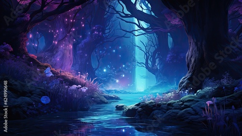 Fantasy forest, blue and purple, magical and surreal landscape © Postproduction
