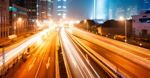 Canvas Print Urban city at night with traffic, shanghai China
