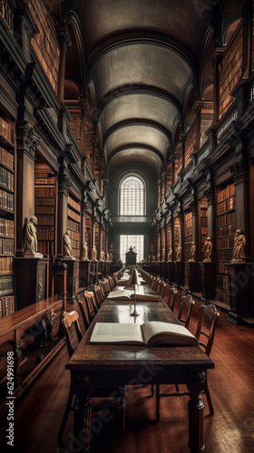 Long room in a library with half moon ceiling  made with generative AI