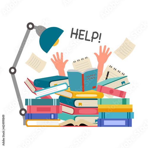 Stressed student buried under a pile of books in flat design on white background.