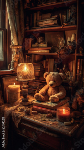 Big teddy bear on a table filled with books, made with generative AI