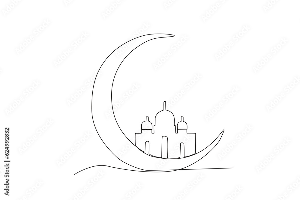 A mosque shrouded in a crescent moon. Mawlid one-line drawing