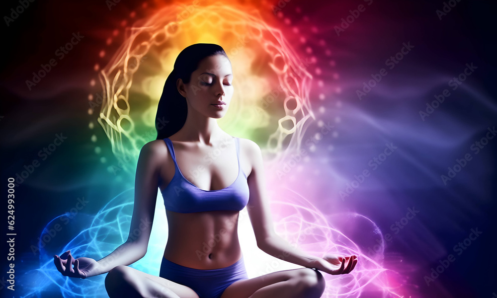 A beautiful young lady practices deep breathing, meditation, and yoga for self-healing. Colourful nature energy appearing in her mind. AI generative image.