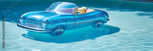 Inflatable Fancy car floating in swimming pool on sunny day, vacation
