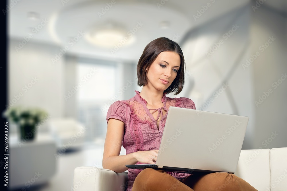 Relaxed happy woman using laptop, AI generated image Relaxed happy woman using laptop, AI generated image