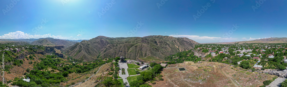 Panoramic high definition drone aerial image of the famous historical Garni Temple in Armenia