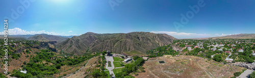Panoramic high definition drone aerial image of the famous historical Garni Temple in Armenia