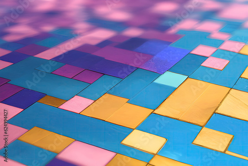 Abstract arrangement of squares or cubes in blue  pink  and gold colors. Colorful mosaic style. Hand edited generative AI. 