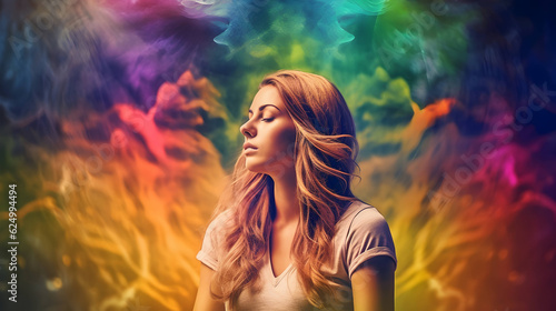  A beautiful young lady practices deep breathing, meditation, and colourful nature energy appearing in her mind. AI generative image.