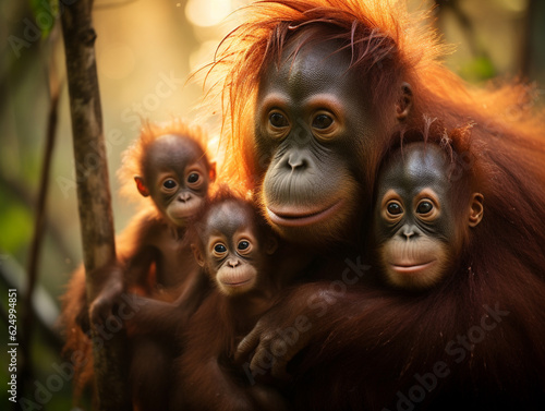 An Orangutan and Her Babies in Nature | Generative AI