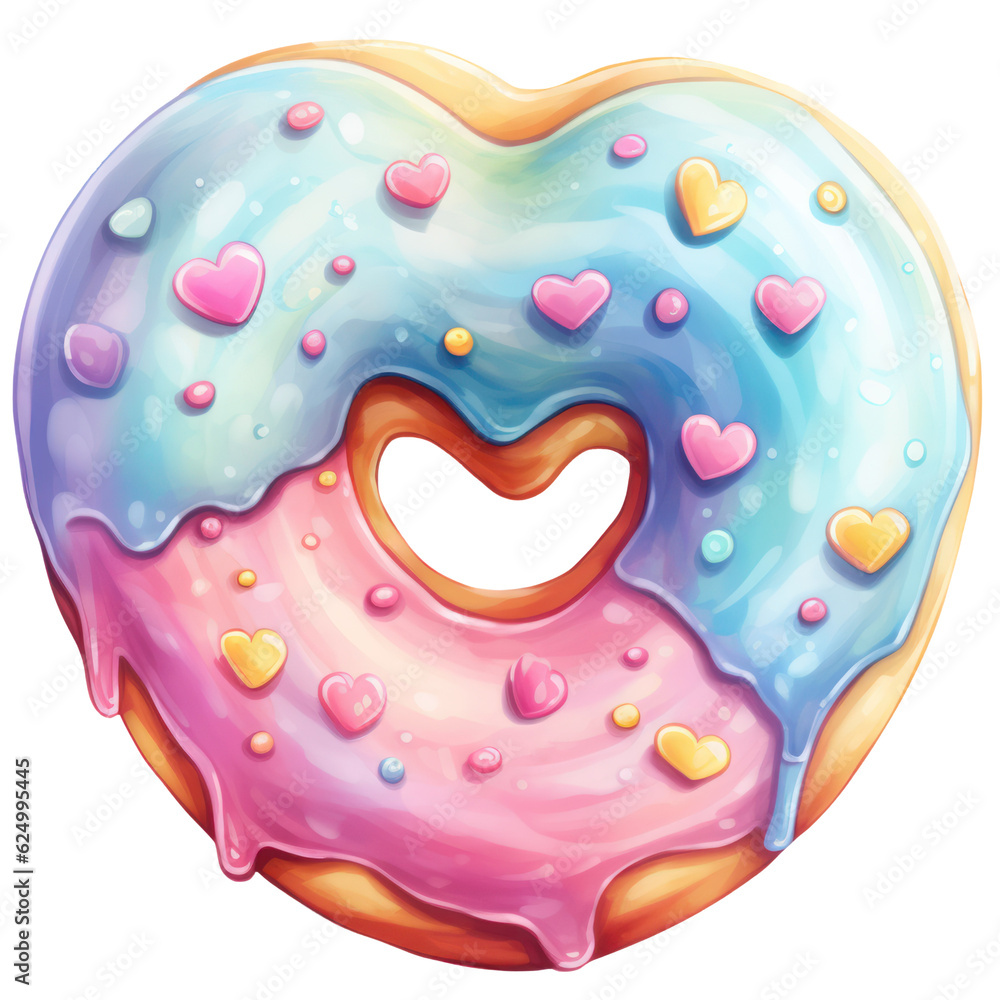 Delicious Blue-Pink Heart Shaped Donut Watercolor Illustration, Sweet Treat for Valentine's Day, Isolated on Transparent Background. Generative AI Delicious Blue-Pink Heart Shaped Donut Watercolor Illustration, Sweet Treat for Valentine's Day, Isolated on Transparent Background. Generative AI