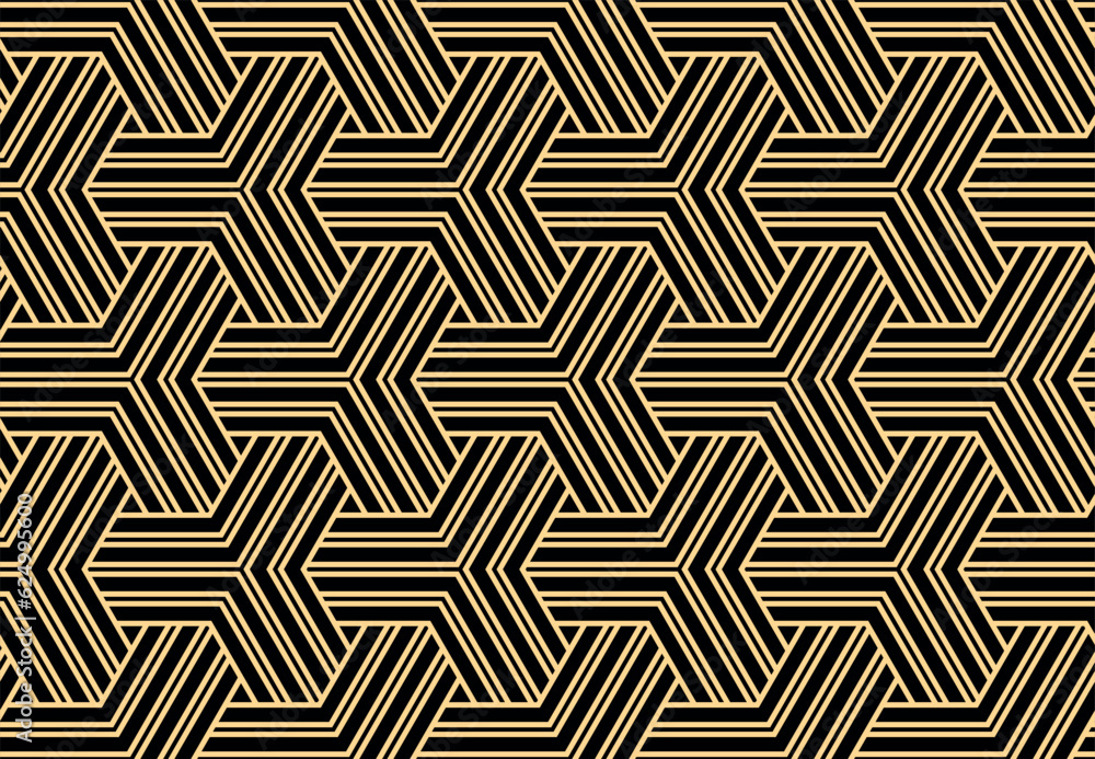 Abstract geometric pattern with stripes, lines. Seamless vector background. Gold and black ornament. Simple lattice graphic design.