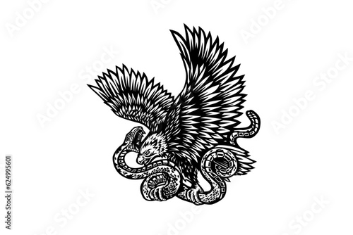 Eagle Battling A Snake Black And White Vector logo Stock Illustration