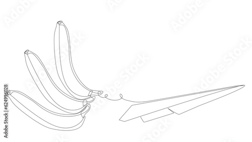 One continuous line of Paper Airplane with banana. Thin Line Illustration vector concept. Contour Drawing Creative ideas.