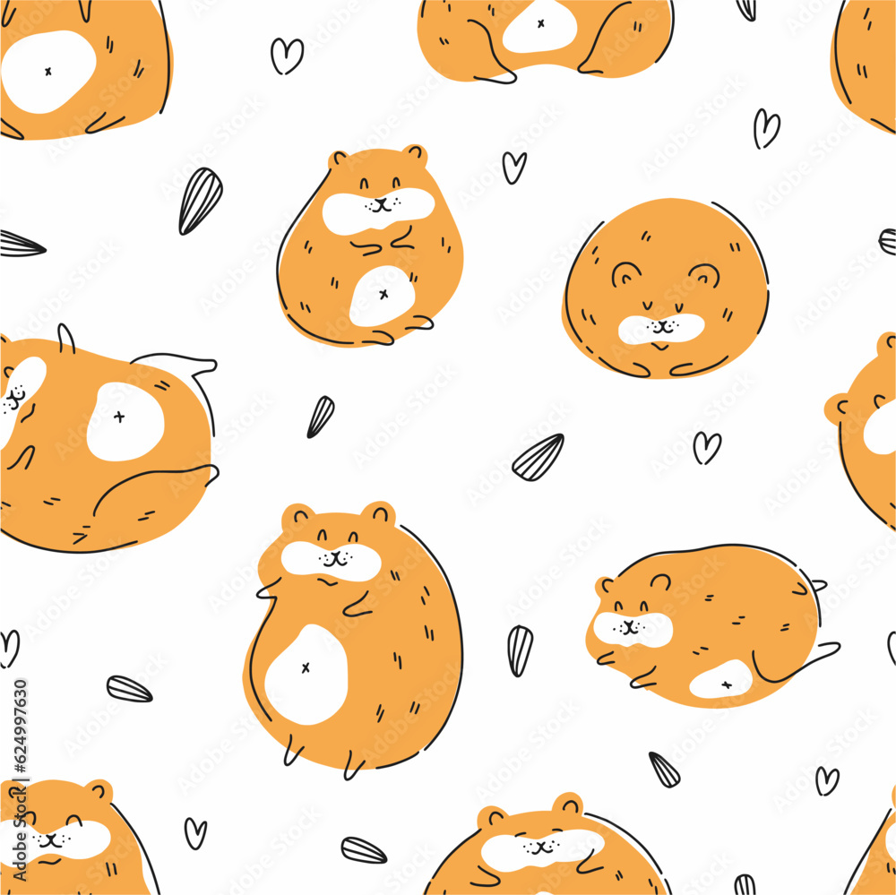 A pattern from a collection of funny hamsters in different poses, hand-drawn in the style of doodles.