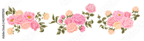 Flower bouquet illustration arrangements with colorful rose, peony, floral bud, and green leaf branch elements