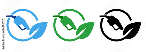 Hose nozzle with leaf icon symbol of eco bio diesel biofuel in blue green black icon set collection
