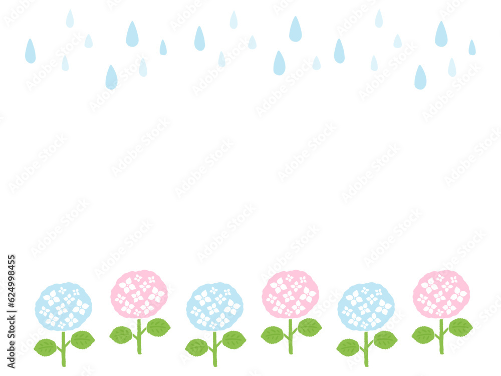 かわいい夏の紫陽花と雨のフレーム／手書きイラスト