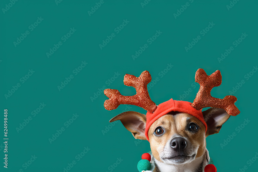 Festive Canine Cheer Dog Wearing Reindeer Antlers Headband in New Year and Christmas Concept. created with Generative AI