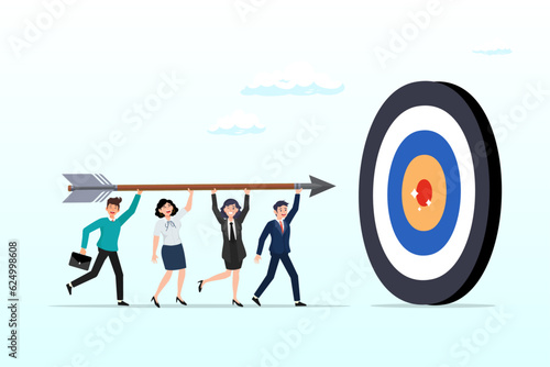 Business man and woman, people help carry archery bow to hit target bullseye, aiming at target, reaching goal or achievement, team collaboration or partnership, teamwork or corporate mission (Vector)