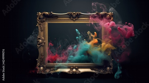 Gold Victorian Frame with Colorful Gas, Black Background, Illustration, Graphic Texture