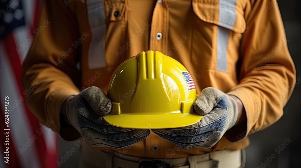 Construction site labor holding a yellow safety helmet - obrazy, fototapety, plakaty 
